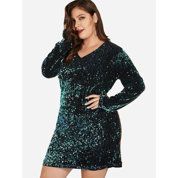 💚 Plus Size Sequin Sparkly Glitter Stretchy Long Sleeve Party Mini Dress XL NEW - Picture 3 of 16